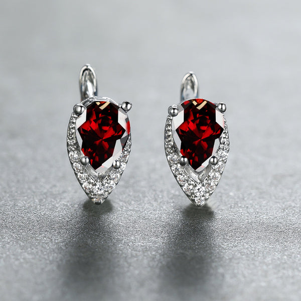 Silver-Tone Red Crystal Pear Drop Chevron Huggie Earrings