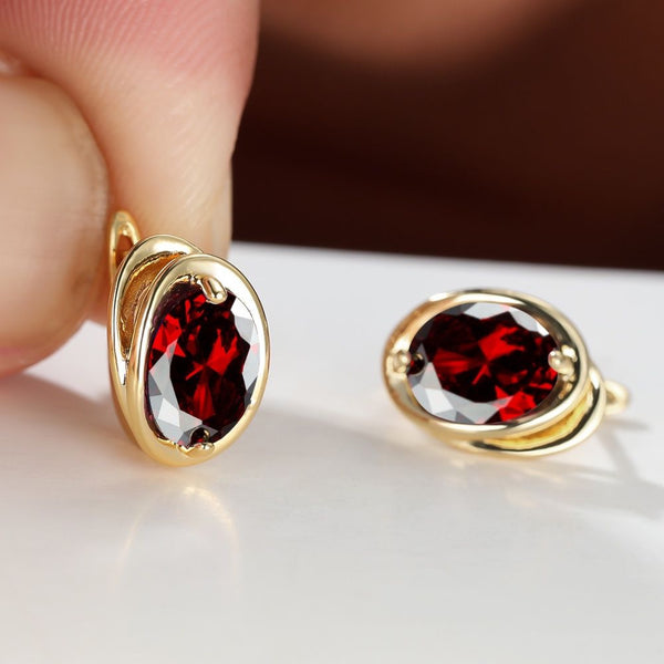 Champagne Gold-Tone Oval Red Crystal Frame Huggie Earrings