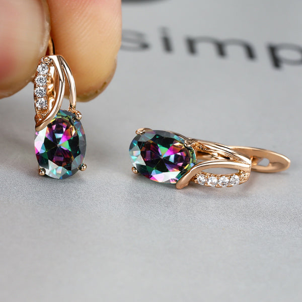 Champagne Gold-Tone Oval Mystic Rainbow Crystal Huggie Earrings