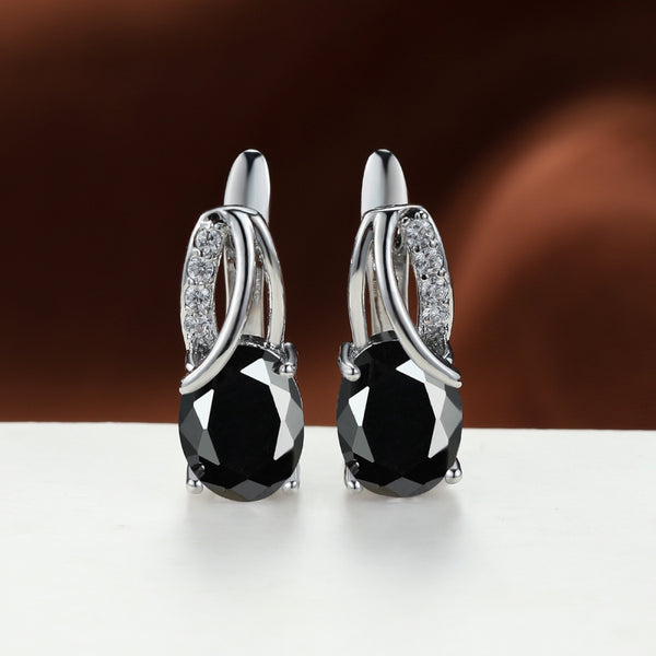 Silver-Tone Oval Black Crystal Drop Earrings With Crystal Accents