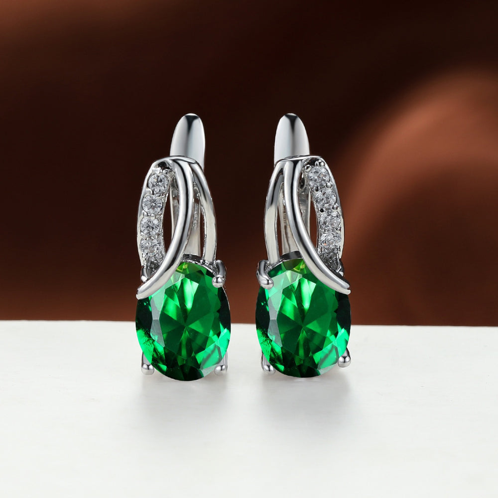 Silver-Tone Green Oval Crystal Huggie Earrings With Pave Accents