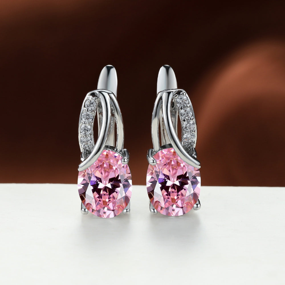 Silver-Tone Pink Oval Crystal Huggie Earrings With Pave Accents