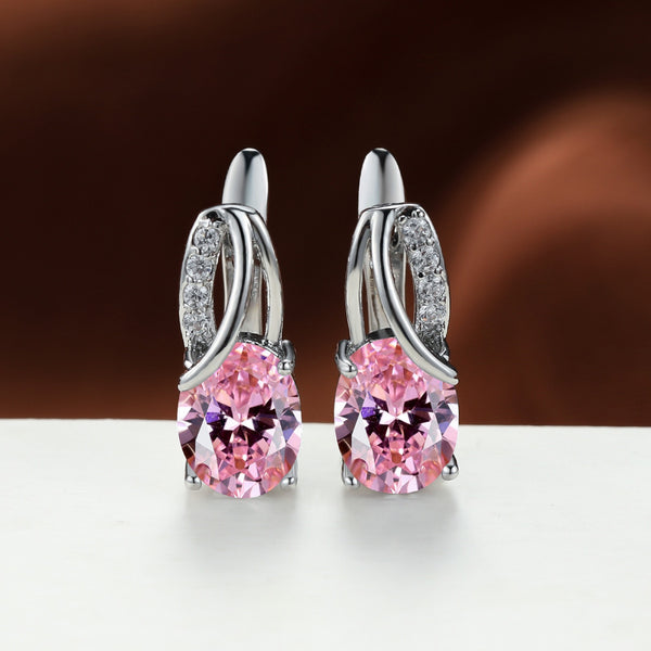 Silver-Tone Pink Oval Crystal Huggie Earrings With Pave Accents