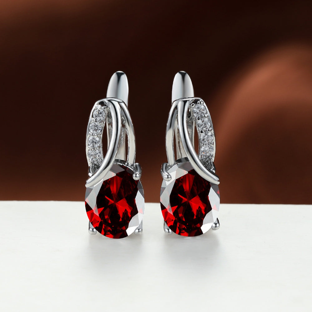 Silver-Tone Red Oval Crystal Huggie Earrings With Pave Accents