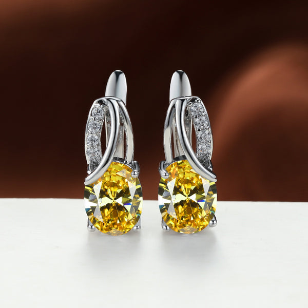 Silver-Tone Yellow Oval Crystal Huggie Earrings With Pave Accents