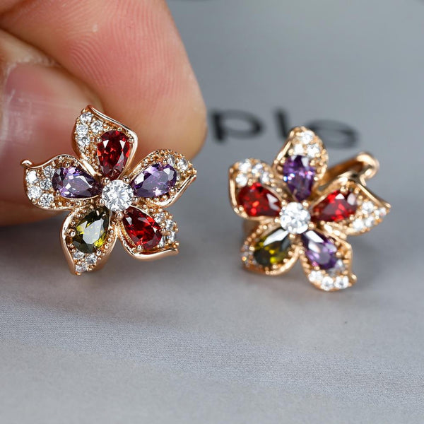 Champagne Gold-Tone Multicolor Crystal Five-Petal Flower Stud Earrings