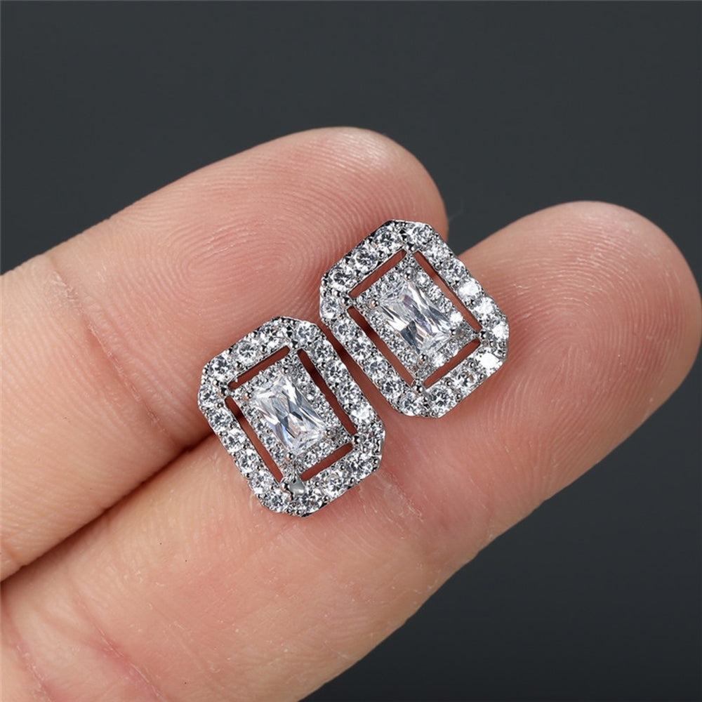 Silver-Tone Emerald-Cut Cubic Zirconia Halo Stud Earrings