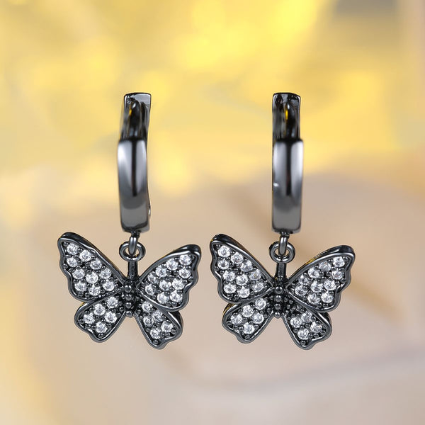 Black & Gold-Tone White Crystal Butterfly Charm Huggie Earrings