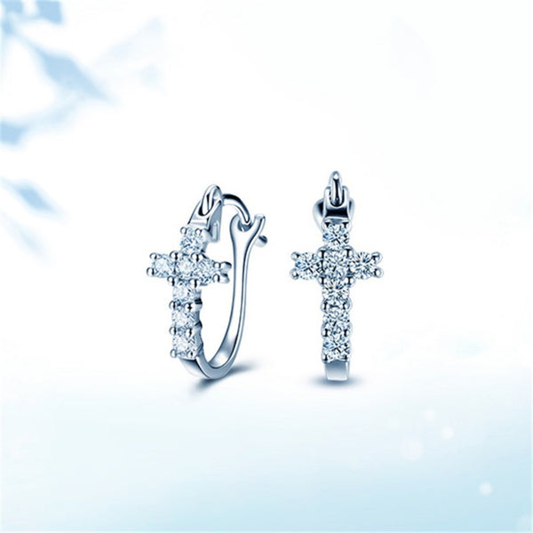 Silver-Tone Cubic Zirconia Cross Huggie Hoop Earrings
