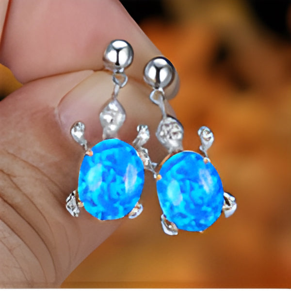Silver-Tone Blue Simulated Opal Turtle Drop Earrings With Crystal Accents