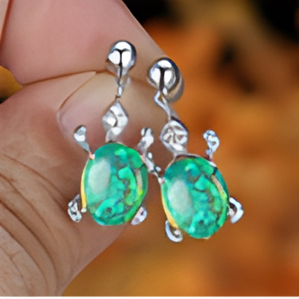 Silver-Tone Green Simulated Opal Oval Drop Earrings With Crystal Accents