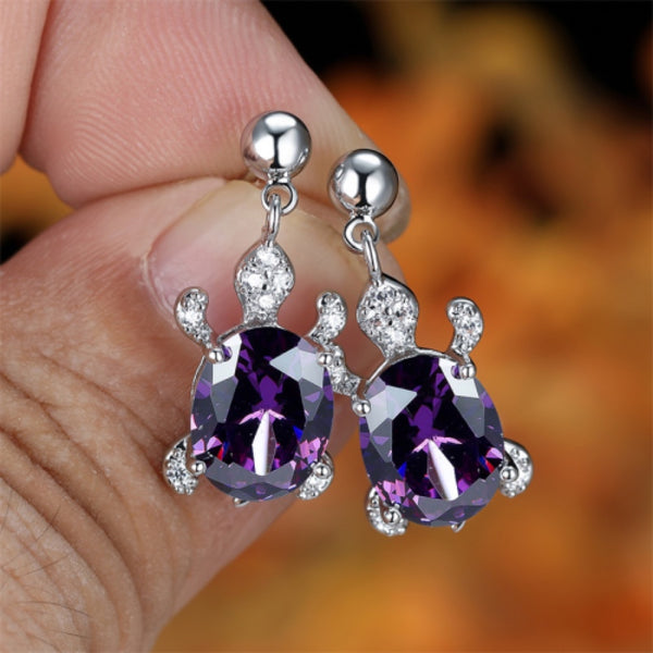 Silver-Tone Oval Purple Crystal Turtle Drop Earrings