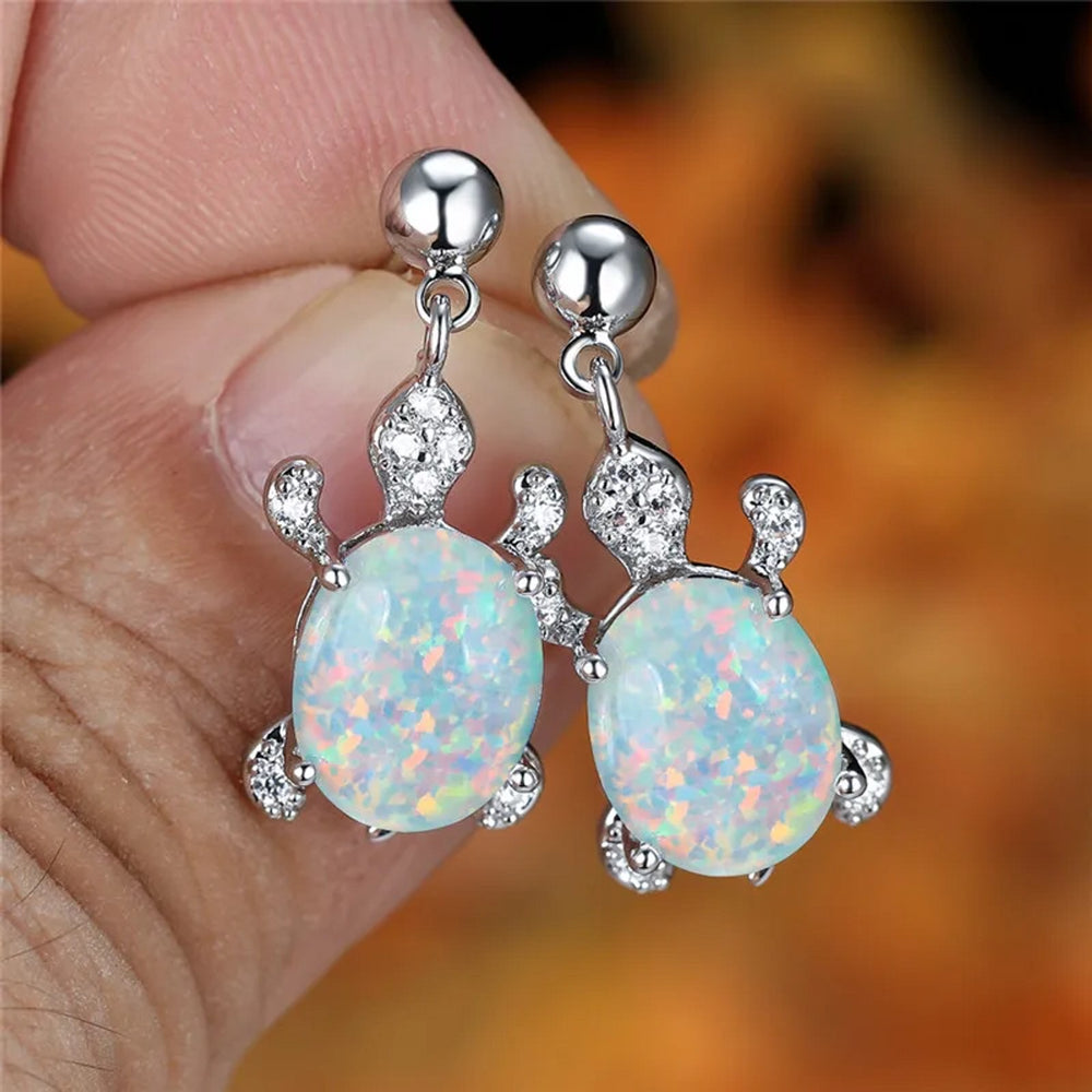 Silver-Tone White Simulated Opal Turtle Drop Earrings