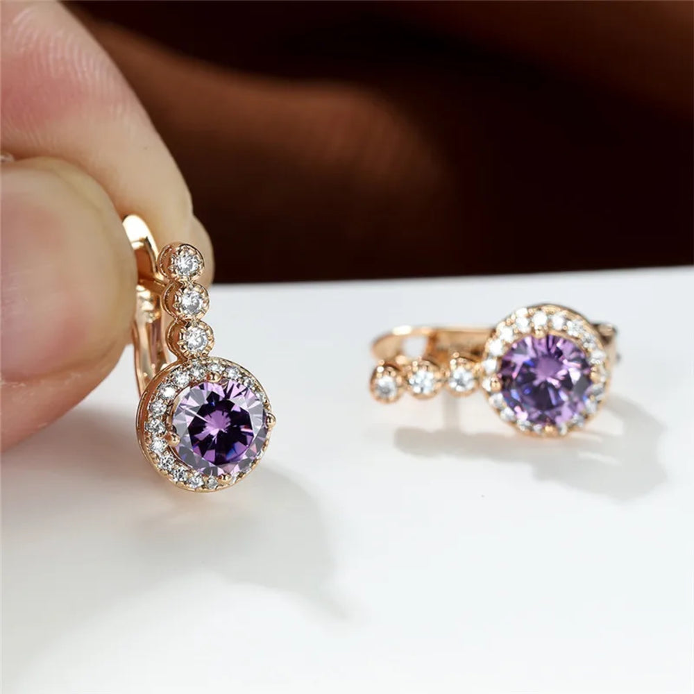 Champagne Gold-Tone Purple Round Crystal Halo Huggie Earrings