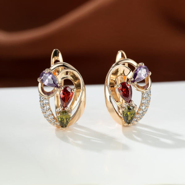 Champagne Gold-Tone Purple Garnet-Red Olive Teardrop Huggie Earrings