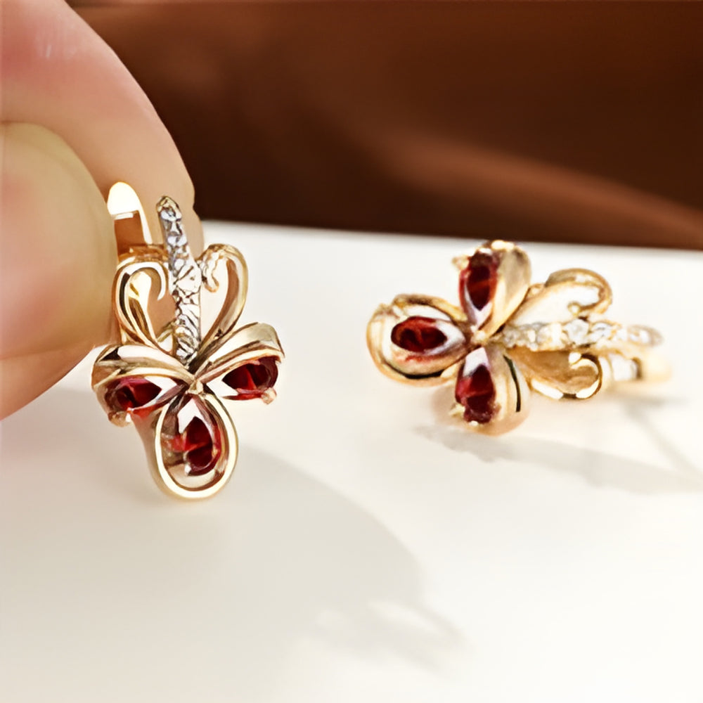 Champagne Gold-Tone Red Crystal Clover Huggie Hoop Earrings