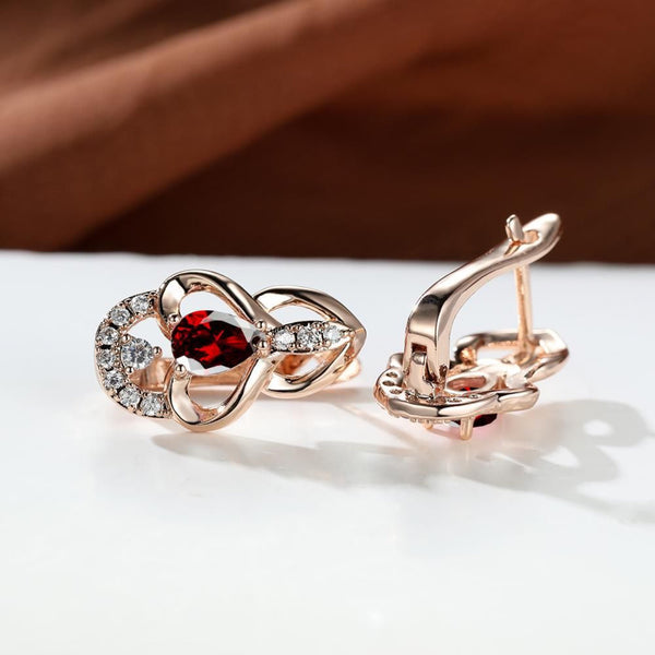 Champagne Gold-Tone Double Heart Red Crystal Huggie Earrings