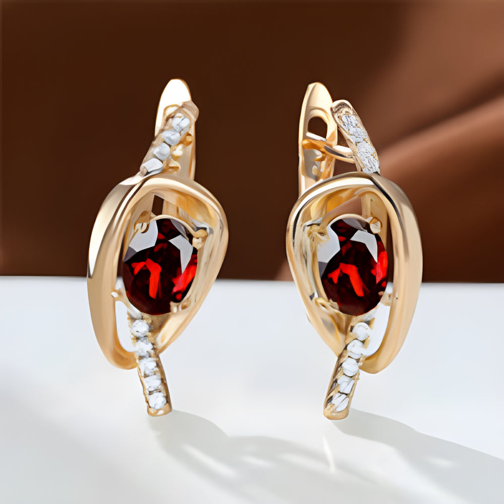 Champagne Gold-Tone Red Crystal Knot Huggie Earrings with White Pave