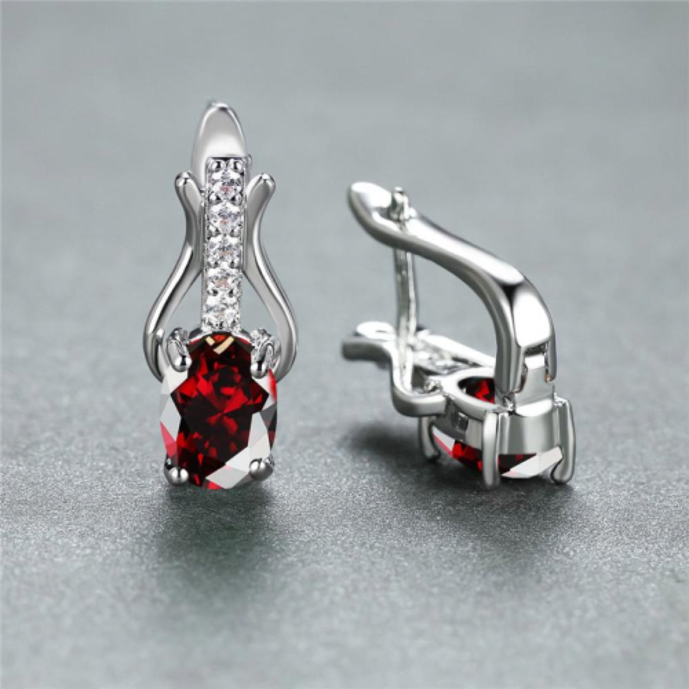 Silver-Tone Oval Red Crystal Huggie Earrings with White Pave Stem