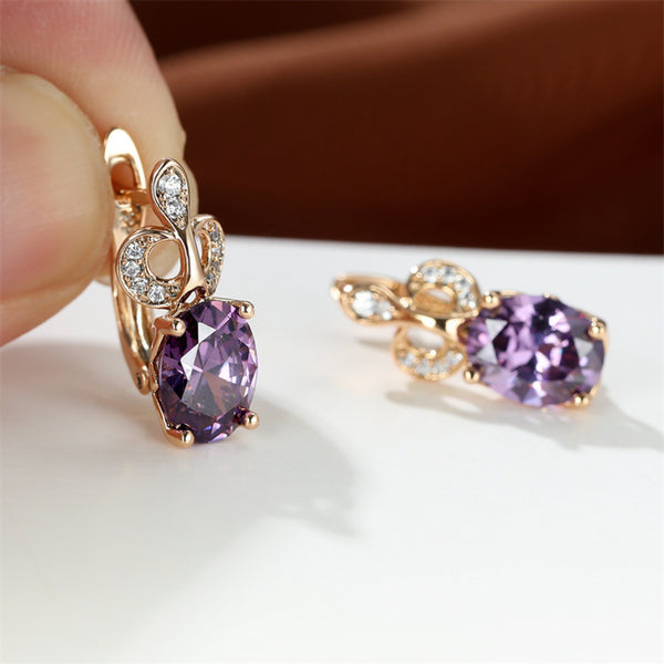 Champagne Gold-Tone Purple Crystal Crown Scroll Huggie Earrings