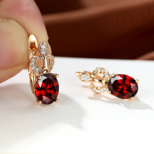 Champagne Gold-Tone Red Crystal Crown Motif Huggie Earrings