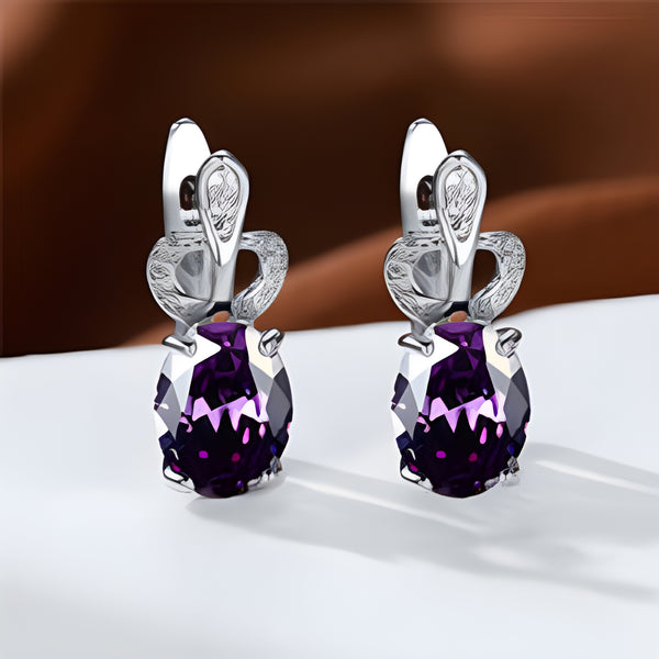 Silver-Tone Oval Purple Crystal Crown-Top Huggie Earrings
