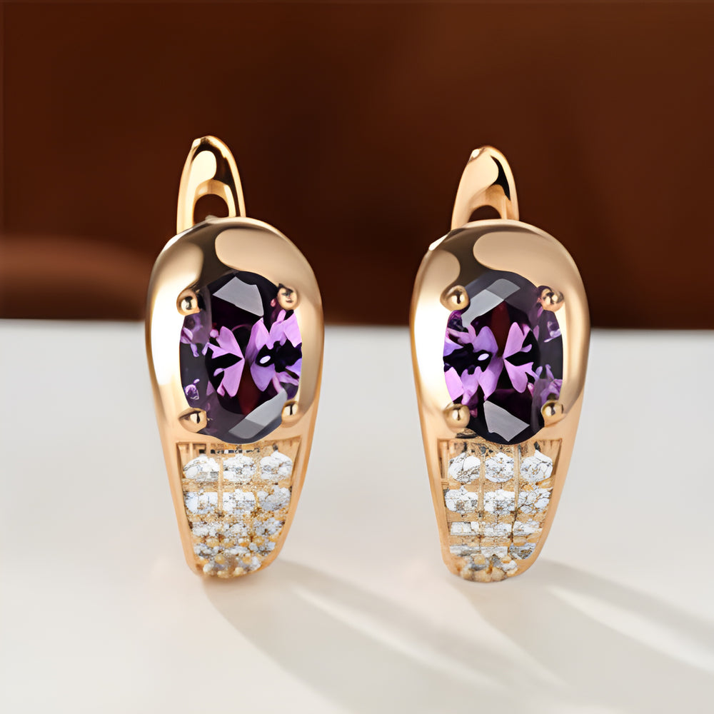 Champagne Gold-Tone Purple Oval Crystal Pave Huggie Earrings