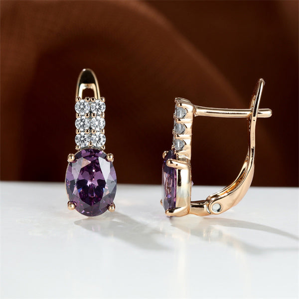 Champagne Gold-Tone Purple Oval Crystal Earrings With White Pave Rows