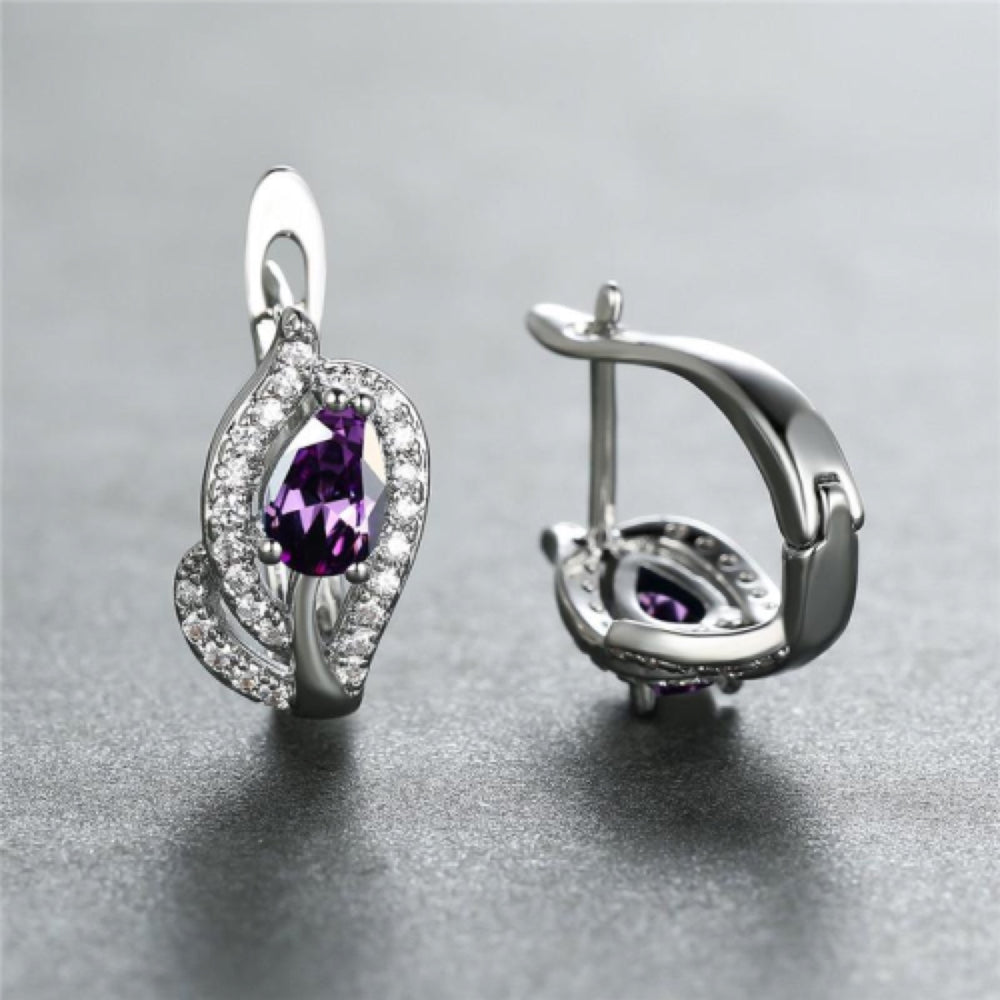 Silver-Tone Purple Teardrop Crystal Pave Leaf Huggie Earrings