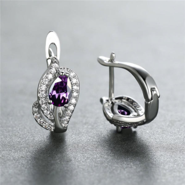 Silver-Tone Purple Teardrop Crystal Pave Leaf Huggie Earrings