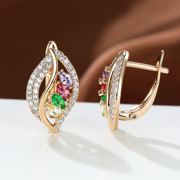 Champagne Gold-Tone Multicolor Marquise Crystal Leaf Huggie Earrings