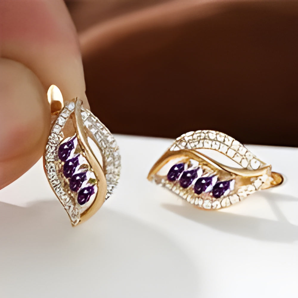 Champagne Gold-Tone Purple Marquise Crystal Leaf Huggie Earrings
