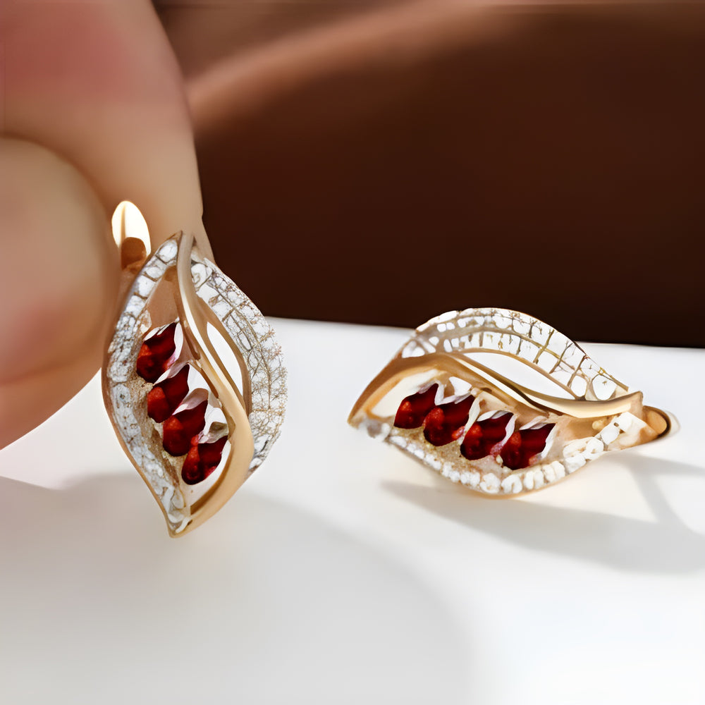 Champagne Gold-Tone Red Marquise Crystal Leaf Huggie Earrings
