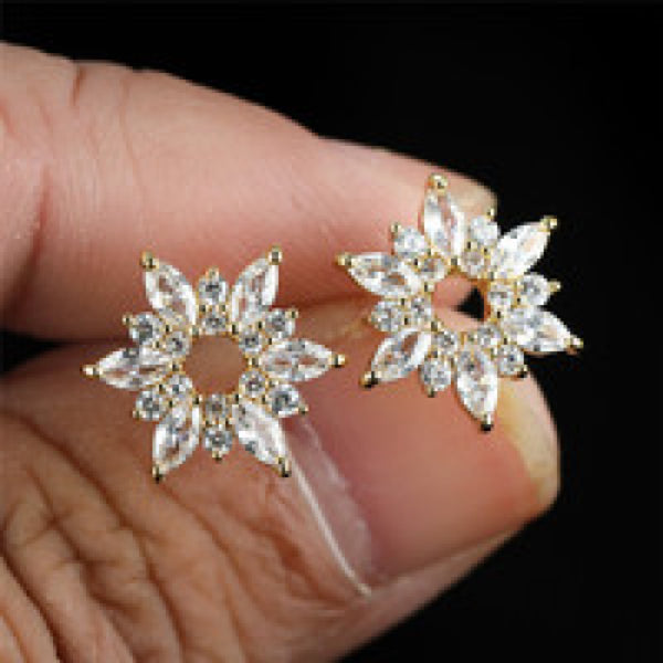 Gold-Tone White Crystal Flower Cluster Stud Earrings