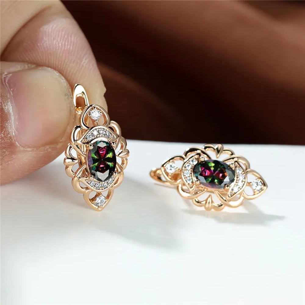 Champagne Gold-Tone Openwork Iridescent Oval Crystal Patterned Huggie Earrings