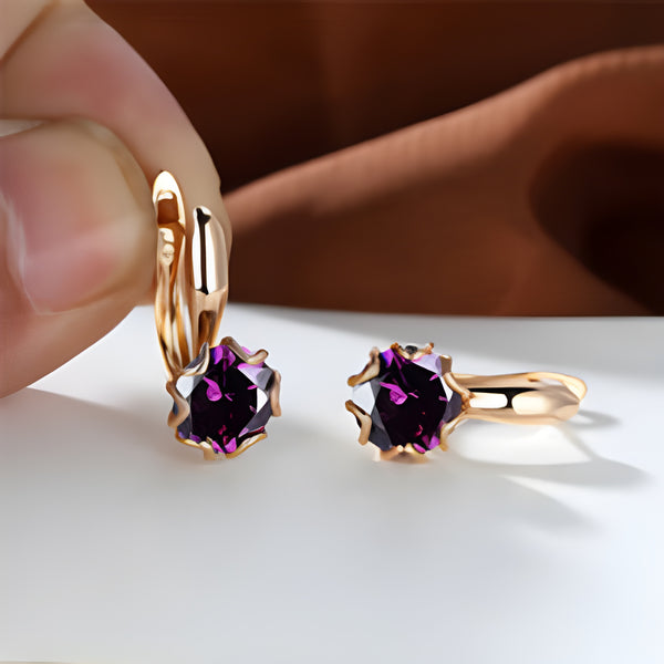 Champagne Gold-Tone Round Purple Crystal Lotus Pod Huggie Earrings
