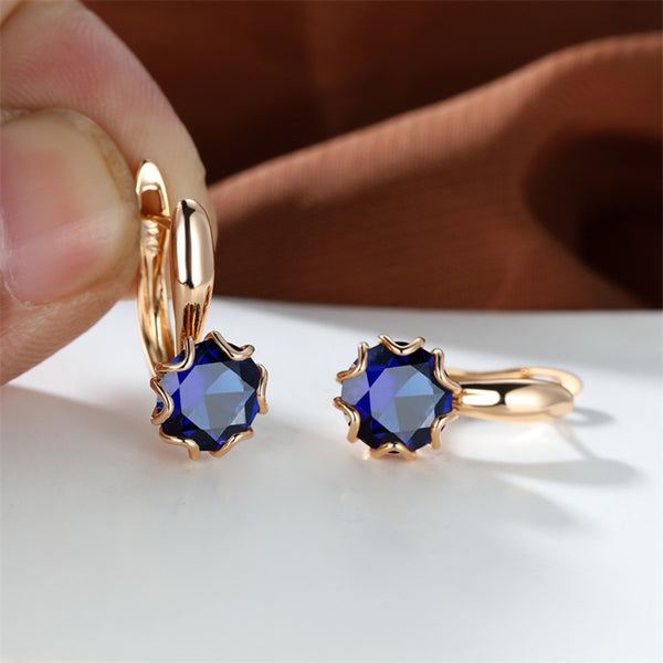 Champagne Gold-Tone Royal Blue Crystal Lotus Pod Huggie Earrings
