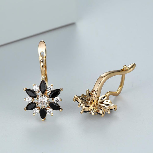 Champagne Gold-Tone Black & White Crystal Sunflower Huggie Earrings
