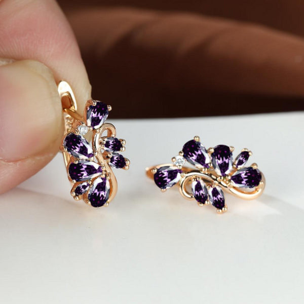 Champagne Gold-Tone Linked Purple Crystal Floral Huggie Earrings