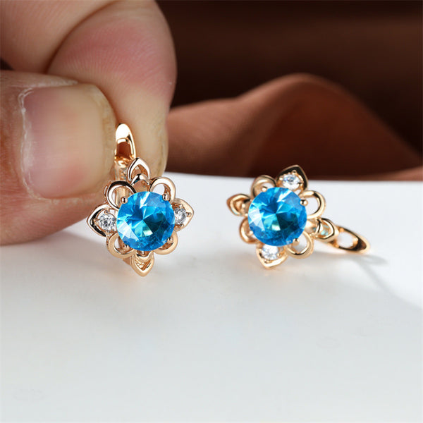 Champagne Gold-Tone Aqua Blue Crystal Openwork Flower Earrings