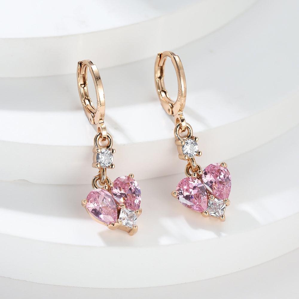 Champagne Gold-Tone Pink Crystal Heart Charm Huggie Drop Earrings