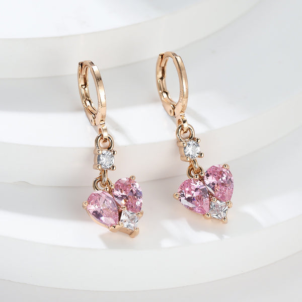 Champagne Gold-Tone Pink Crystal Heart Charm Huggie Drop Earrings