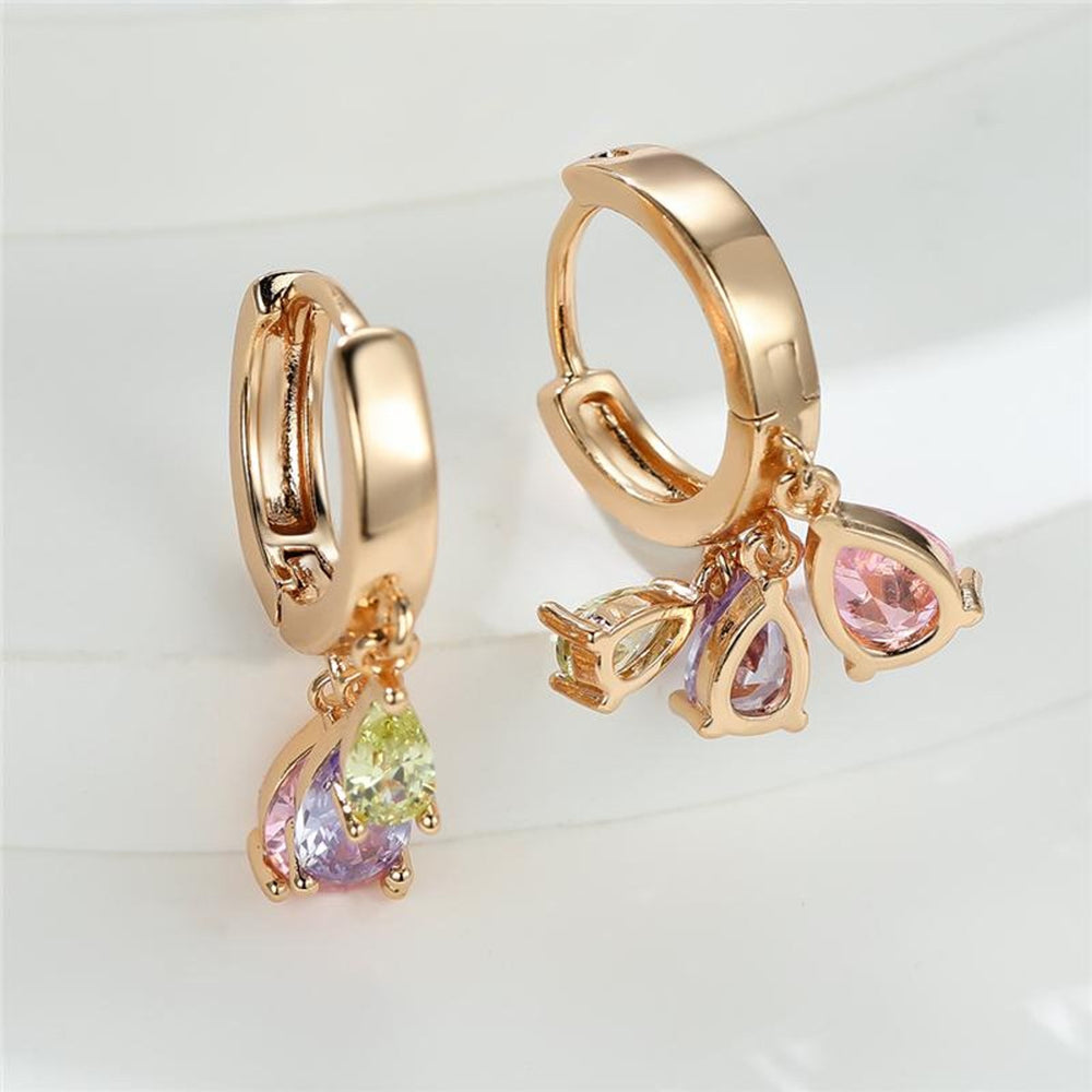 Champagne Gold-Tone Pink Teardrop Crystal Tassel Huggie Earrings