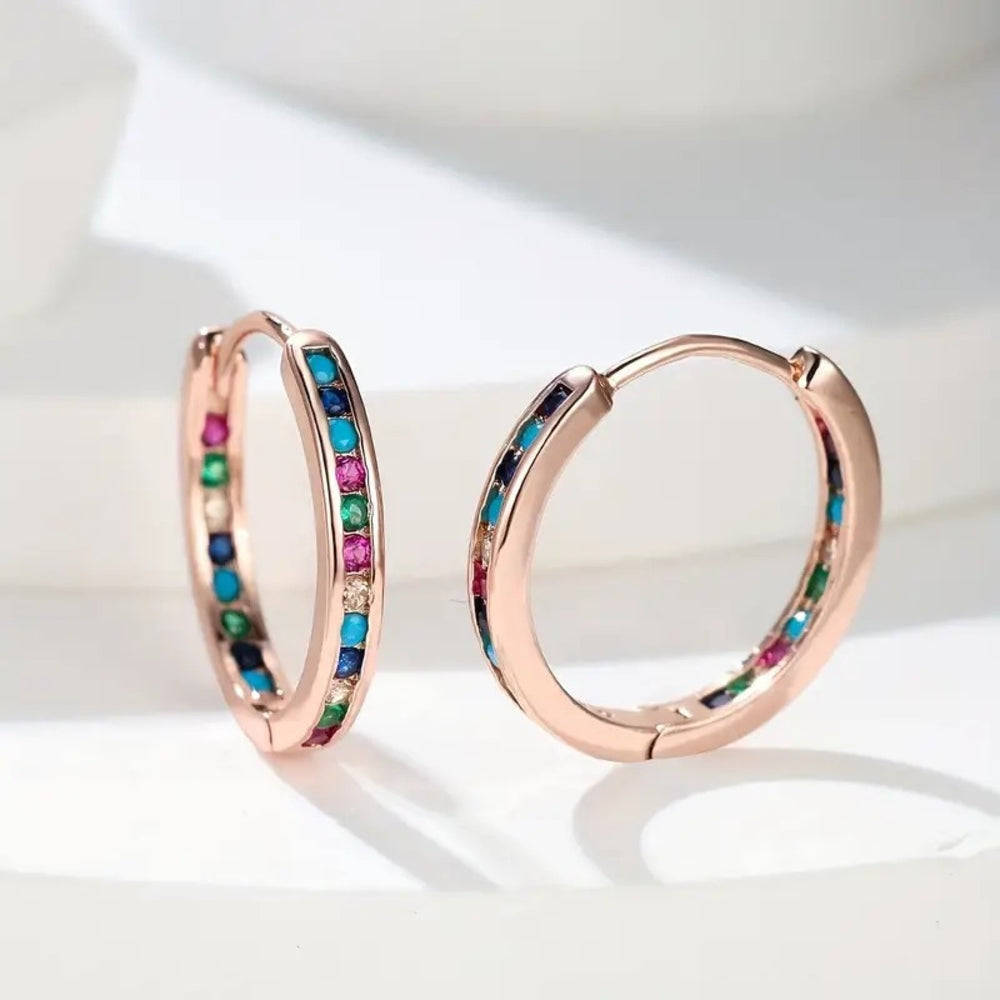 Rose Gold-Tone Rainbow Multicolor CZ Channel Hoop Earrings