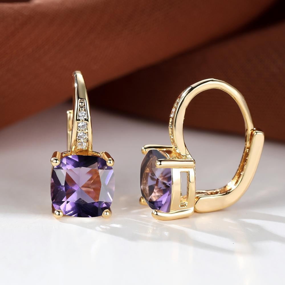 Gold-Tone Purple Cushion-Cut Crystal Huggie Earrings