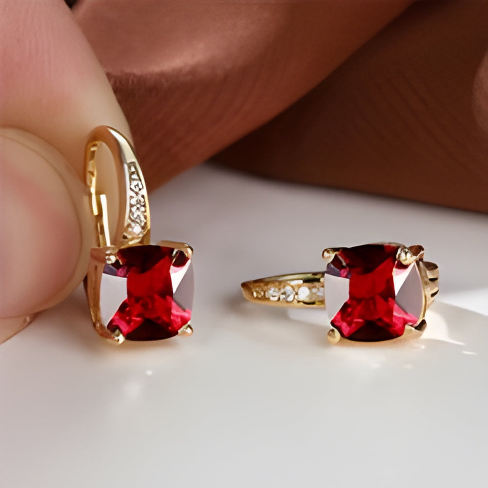 Gold-Tone Red Crystal Square Solitaire Huggie Hoop Earrings