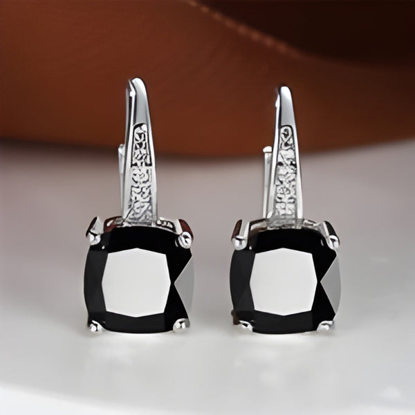 Silver-Tone Square Black Crystal Huggie Earrings With Crystal Accents