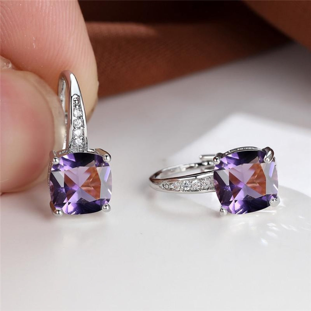 Silver-Tone Purple Cushion Crystal Huggie Earrings