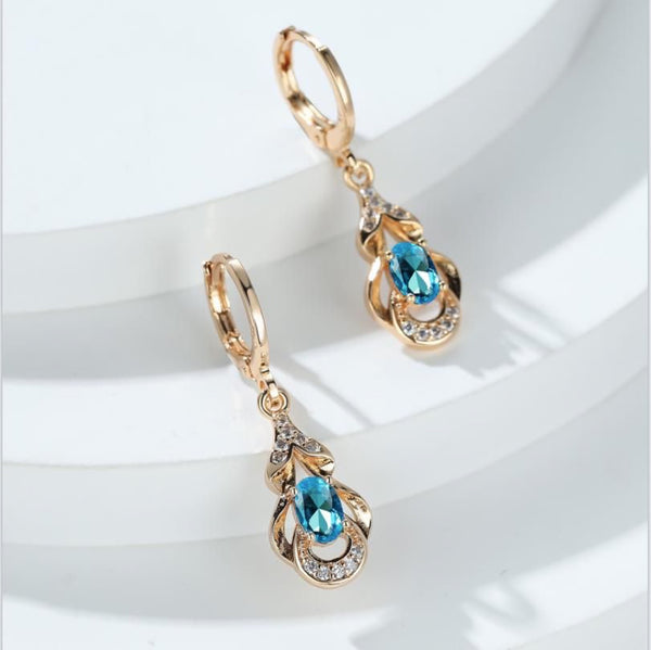 Champagne Gold-Tone Oval Aqua Blue Crystal Teardrop Drop Earrings