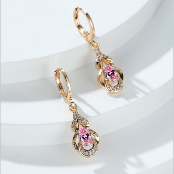 Champagne Gold-Tone Pink Oval Crystal Openwork Teardrop Drop Earrings